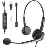 USB Headset with Microphone for Work, Computer Headset with Microphone Noise Cancelling, Ultra Light Binaural USB Headphones for PC with Type C Adapter Mute Volume Control for Zoom Skype Office