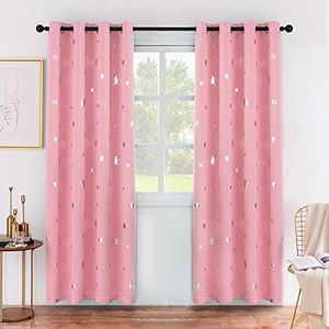 Anjee Girls Bedroom Pink Blackout Curtains Silver Star Curtains for Nursery Kids Room Darkening Thermal Insulated Window Curtains 52 x 84 Inches Each, 2 Panels