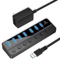 Qeefun Powered USB 3.0 Hub, 7-Ports USB Date Hub, 12V/2A 24W Power Adapter USB Extension Splitter and Individual LED Power Switches Supports Mini PC, Notebook PC, Surface Pro, MacBook Pro/Air M1 M2