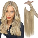 Sunny Hair Wire Hair Extensions Human Hair Invisible Wire Hair Extensions for Women Straight Hidden Hair Extensions with Adjustable Line Caramel Blonde Highlight Bleach Blonde 16Inch