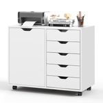 COSTWAY Mobile File Cabinet, Drawer Lateral Stationery Storage Organiser Chest with Wheels, Home Office Printer Stand Side Filing Cupboard (White, 5 Drawers+1 Door)