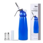 ICO Professional Aluminum Whipped Cream Dispenser 1-Pint for Homemade Whipping Cream with 3 Stainless Steel Decorating Nozzles & Cleaning Brush, for Desserts, Dips, Sauces, and Infused Liquors -Blue