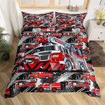 Fire Truck Duvet Cover for Boys,Girls Red Fire Engine Comforter Cover Full Size,Car Vehicle Print Bedding Set Kids Teen Room Decor Bed Cover,Fire Fighting Truck Bedclothes with Zipper