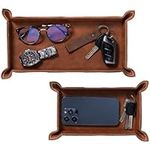 Navaris Faux Leather Tray Set - 2 Valet Organizer Trays for Bedside Table, Night Stand, Desk - Store Keys, Change, Wallet, Phone, Glasses - Brown