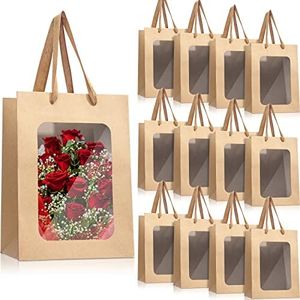 Reginary 50 Pcs Paper Gift Bags with Transparent Window Clear Gift Bag 9.8 x 7.1 x 5.1 Bouquet Gift Bag with Handle Shopping Tote for Mother's Day Graduation Wedding Present Festival Party(Brown)