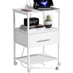 Bedside Table with Charging Station, Nightstand with 2 Outlets and 2 USB Ports, Bedside Table with 4 Castors, End Table with Metal Frame and Fabric Drawers, for Bedroom, Living Room (1*Drawer, White)