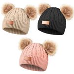 Kids Winter Pompom Hat Knitted Ski Beanie Hat Double Pom Beanie Cap for Girls Boys, for 1-3 Years Old (Black, Pink, Khaki, 3 Pieces)