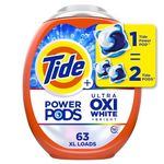 Tide Power XL PODS Plus Ultra OXI White and Bright Laundry Detergent, Advanced Stain Removal and Whitening Power, Safe on Colors, 63 Count