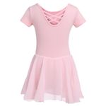 DGSHIRLDJO Ballet Leotards for Girls Cross Straps Back Dance Dress Ballet Outfit Dance Leotard with Chiffon Skirt for Toddler（120,6-7 years,pink）