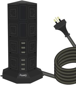 Powerjc Tower Power Strip USB Surge Protector Socket 16 AC Outlets with 6 USB Ports 40W Chargers 2M Long Extension Cord SAA Certified Black