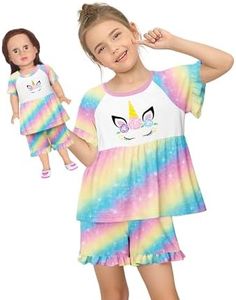 LQSZ Matching Girls & Doll Summer Clothing Set for Toddler Girls Short Sleeves Cute Outfit for Kids Rainbow Unicorn 9-10 Years
