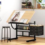 soges Adjustable Drafting Table with Stool, Art & Craft Drawing Desk with Stool, Adjustable Wood Desk for Drawing, Painting, Writing and Studying (Teak&Black)