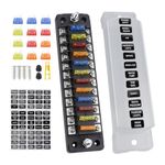 TIPHOPE 12 Way Fuse Block 12V Blade Fuse Box with Negative Bus,12 Circuit Fuse Holder Fuse Block with Waterproof Protection Cover &Sticker for12/24V Car Truck Boat Marine RV