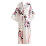 Asvioya Silk Robe for Women, Kimono Peacock Printed Satin Robe, Long Lightweight Bathrobe Nightgown, Bridal Robe…, White, One Size