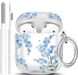 Wonjury Protective Clear Floral Case Cover with Cleaner Kit Portable Shockproof Women Girls with Keychain for Apple Airpods 2/1 Charging Case - Clear/Blue Flower