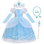 Berich Princess Cinderella Costume with Crown Cinderella Dress for Girls Fancy Dress Princess Dress up Kids Halloween Costumes Cosplay Princess Dress for Kids Cinderella Dresses 4-5 Years (Blue, 120)