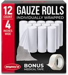 Premium Gauze Rolls - 12 Pack (4" x4.1yd) First Aid Rolled Gauze - Individually Wrapped + Bonus Tapes - Conforming Breathable Gauze Wrap Roll for Wounds