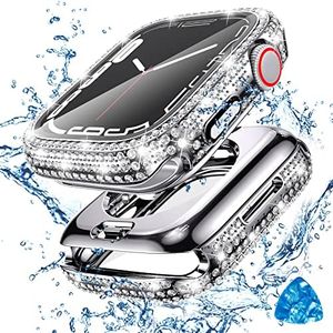 Tensea [2 in 1 for Waterproof Apple Watch Screen Protector Case 44mm SE 3/SE 2nd Generation/SE/Series 6/5/4 Accessories, 360 iWatch Diamond Front Bumper with Glass, Bling Face Cover Women, 44 mm