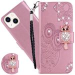 Ysnzaq Embossed Case for Apple iPhone 15 6.1", Owl Glitter Sparkly PU Leather Wallet Shockproof Flip Magnetic Women Cover with Stand Card Slots for Apple iPhone 15. YK Rose Gold