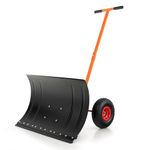 Goplus Snow Shovel for Driveway, 29-Inch Metal Snow Removal Shovel Wheeled with Ergonomic Handle, Heavy Duty Rolling Snow Pusher with Wheels Clear for Garden Pavement (T Shaped Handle)