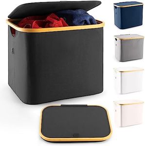 LONBET 13 Gal. Collapsible Laundry Baskets With Lid & Breathable Fabric Aesthetic Laundry Hamper with Bamboo Frame - Usable as Storage Bins with Lids & Toy Box for Easy, Efficient Sorting, Black