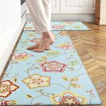 HiiARug Anti Fatigue Kitchen Rug Set 2 Pieces Non-Slip Waterproof Cushioned Kitchen Floor Mats Set Comfort Standing Mat Floral Kitchen Rugs and Runner Sets, Cyan