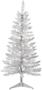 Liguanow 4ft Artificial Christmas Tree with Lights, Indoor & Outdoor Christmas Tree with 50 Warm White Lights, Xmas Pine Tree for Home Office Party Decor, Silver Tinsel