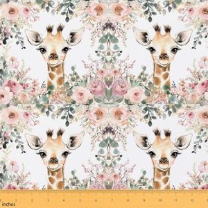 Cute Giraffe Fabric By The Yard, Pink Rose Upholstery Fabric,Cartoon Animal Decorative Fabric Floral Flower Outdoor Fabric,Botanical Waterproof Fabric Girls for Clothing Sewing, 10 Yards, White Pink