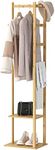 Medla Bamboo Clothing Rack, Corner Coat Rack Stand Hall Trees Free Standing Clothes Hanging Rail Garment Rack with 2 Shelves 3 Hanger Hooks and Pants Hanger for Entryway Bedroom Living Room