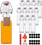 RusseryPek 12 Pack 8.5oz Swing Top Glass Bottles, 250ML Glass Square Bottles with Airtight Stoppers for Home Brewing, Beer, Kombucha, Kefir, Vanilla Extract (Bonus Gaskets, Labels and Funnel)