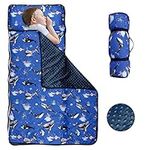 Toddler Nap Mat with Removable Pillow and Soft Dot Minky Blanket, Pea Pod Kids Shark Napping Mats Extra Large Rolled Slumber Bags for Boys Preschool, Daycare, Camping, 22 x 54inches Ages 3-7 Years