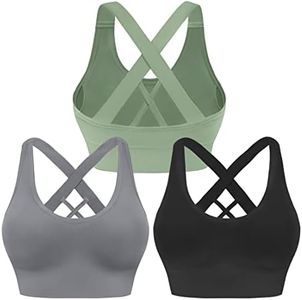 Evercute Sports Bra for Women Padded Medium Support Criss Cross Strappy Bras Seamless High Impact Yoga Exercise Athletic Bras, Black Gray Green 3 Pack, Medium