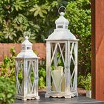 Glitzhome Farmhouse White Wood Metal Lanterns Decorative Hanging Candle Lanterns Set of 2