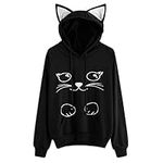 Lziizl Women Girl Hoodies Cute Cat Ear Novelty Printed Pullover Sweatshirt (US Size M=Tag Size XL Black 15