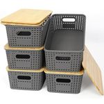 6 pcs Storage Bins with Bamboo Lids - Plastic Storage Containers with Lids Stackable Storage Box Storage Baskets for Organizing Shelves Drawers Desktop Closet Office