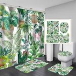 Camille&Andrew 4PCS Boho Potted Plant Shower Curtain Set, Nature Garden Cactus Succulent Tropical Leaves Aesthetic Green Botanical Bathroom Decor, Waterproof Fabric Shower Curtain, Non-Slip Bath Mat