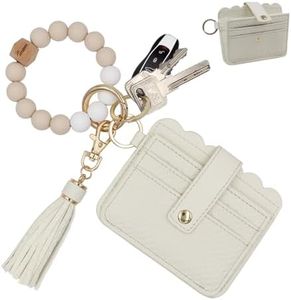 TSNSOEEO Keychain Wallet Wristlet Small Credit Card Holder Bracelet Key Chain Purse Bangle Tassel Beads Key Rings for Women, 03-rfid Off-white