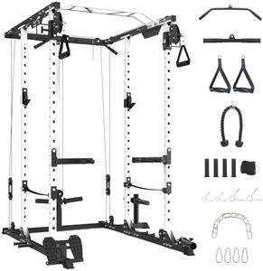 GaveeLife Power Cage, 2000 LBS Power Rack with Cable Cross-Over System, Multi-Functional Strength Training Squat Rack with LAT Pull Down System, Home Gym Equipment with Training Attachment, White