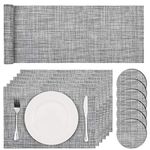 Pauwer PVC Table Placemats Set of 6 and Coasters with Non Slip Kitchen Table Runner Heat Resistant Washable Table Place Mats Set for Hotel Wedding Party(Grey)