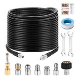 Balabulala Pressure Washer Sewer Jetter Kits,50Ft X1/4" Hydro Drain Jetter Cleaner Hose, Rotating and Button Nose Sewer Jetting Nozzles Waterproof Tape,Orifice 4.0 4.5,1/4 Inch NPT,5800 PSI