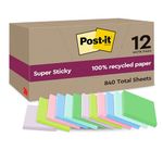 Post-it Super Sticky 100% Recycled Notes, Pack of 12 Pads, 70 Sheets per Pad, 47.6 mm x 47.6 mm, Pink, Green, Blue, Purple, Yellow - Extra Sticky Notes Made from 100% Recycled Paper- Assorted