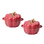 FYUEROPA Ceramic Pumpkin Bowl, Individual Casserole, Baking Bowl for Oven Bakeware with Lid 14 Oz - Set of 2 (Red)