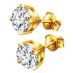 SIVYAA White Solitaire Diamond Stud Earrings Set | Pure 925 Sterling Silver Gold Finish | Round Brilliant Cut Cubic Zirconia 4 Prong Ear Tops | Gift Item - Men Women Boy Girl | 6 Month Warranty, 7MM