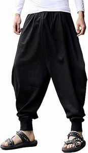 AITFINEISM Men's Drawstring Aladdin Hippie Harem Pants Loose Drop Crotch Trousers, Black-2, Medium