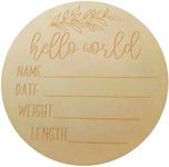 AIMALL 1x Hello World Baby Birth Announcement Wooden Plaque, 3.9 x 0.12 inch Introducing Name Card for Newborns, Photography Prop for Baby Birth Details, Pregnancy Keepsake