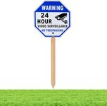 Kichwit 10" Video Surveillance Sign No Trespassing Reflective Metal Sign, Octagon Shaped, Aluminum Yard Sign with Bamboo Stake, Blue