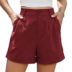 Jouica Womens Female Running Shorts Beach Loose Elastic Waist Button Down Comfy Solid Shorts for Women for Casual Summer Athletic Pants,Wine Red,XX-Large