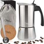 Milu Espresso Maker Induction Hob | 2, 4, 6, 9 Cup| Stainless Steel Espresso Pot, Stovetop Moka Pot, Coffee Maker, Set Including Coaster, Spoon, Brush (4 Cups 200ml)