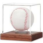 JupDec Baseball Display Case, Clear Cube Baseball Holder with Wooden Base, Autograph Baseball Stand Box for Single Ball, Acacia Wood, Brown, 1 Pack