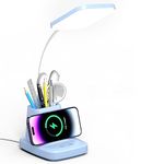 Vicsoon Desk Lamp for Home Office, LED Desk Lamp with Wireless Charger Pen Holder, 3 Color Modes Dimming Desk Light for College Dorm Room, Bendable Gooseneck Study Lamp with CRI 90+ 800 Lumen Blue